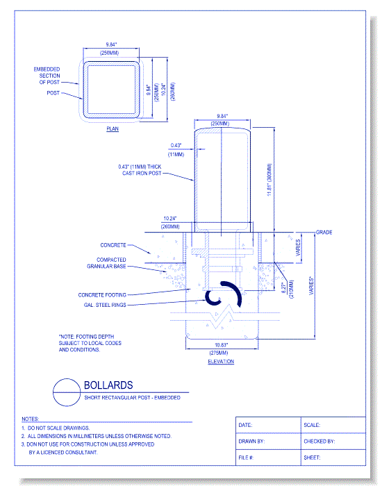 Bollards - Short Rectangular Post, Embedded