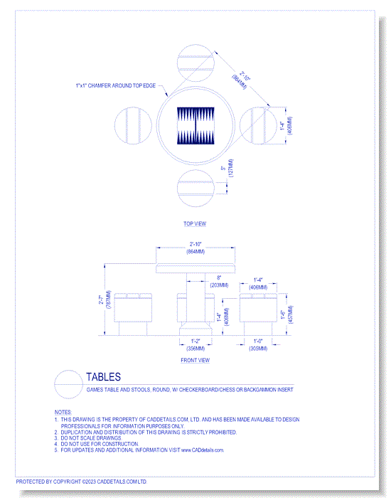 Tables: Games Table and Stools, Round, w/ Checkerboard/Chess or Backgammon Insert