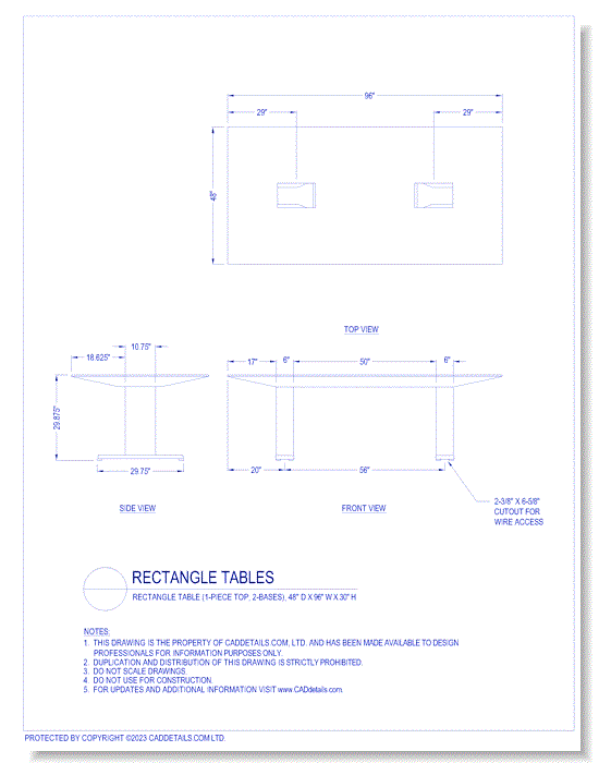 Rectangle Tables: Rectangle Table (1-Piece Top, 2-Bases), 48" D x 96" W x 30" H