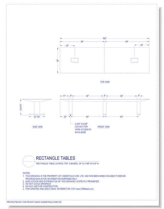 Rectangle Tables: Rectangle Table (2-Piece Top, 3-Bases), 54" D x 168" W x 30" H