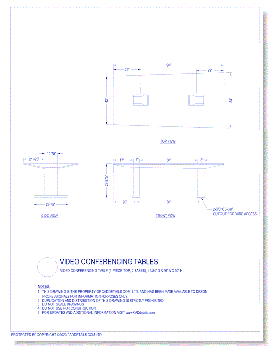 Video Conferencing Tables: Video Conferencing Table (1-Piece Top, 2-Bases), 42/54" D x 96" W x 30" H