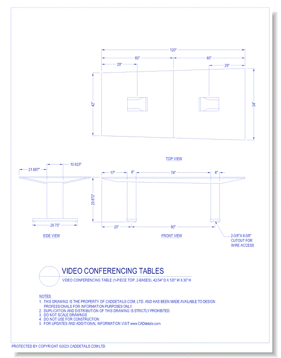 Video Conferencing Tables: Video Conferencing Table (1-Piece Top, 2-Bases), 42/54" D x 120" W x 30" H