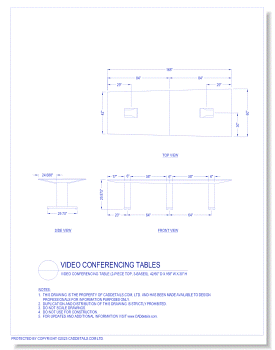 Video Conferencing Tables: Video Conferencing Table (2-Piece Top, 3-Bases), 42/60" D x 168" W x 30" H