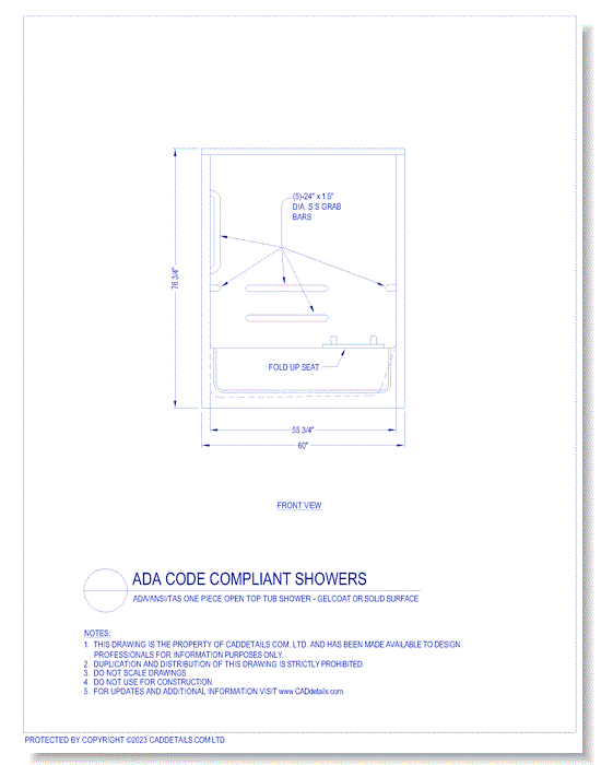 ADA Code Compliant Showers: ADA / ANSI / TAS One Piece Open Top Tub Shower - Gelcoat or Solid Surface