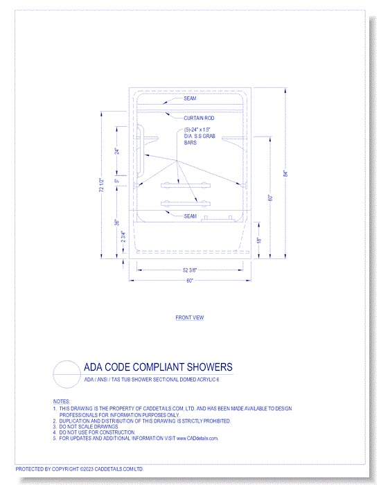 ADA Code Compliant Showers: ADA / ANSI / TAS Tub Shower Sectional Domed Acrylic 6