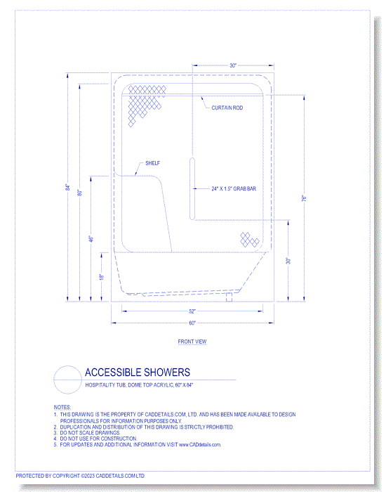 Accessible Showers: Hospitality Tub, Dome Top Acrylic, 60" x 84"