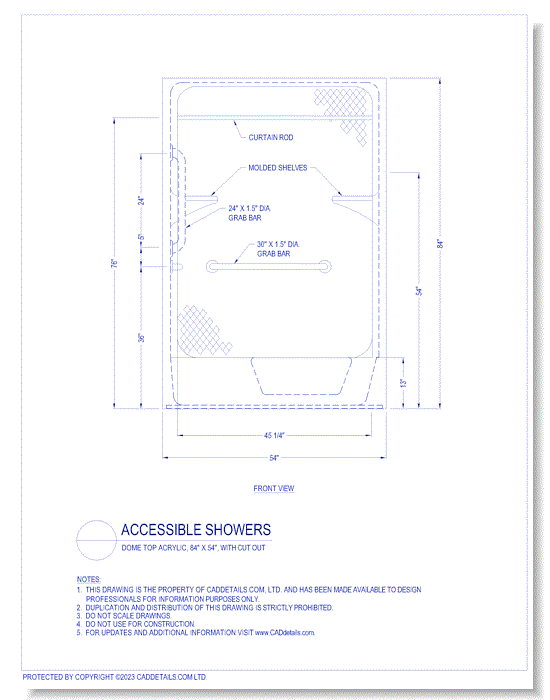 Accessible Showers: Dome Top Acrylic, 84" x 54", with Cutout