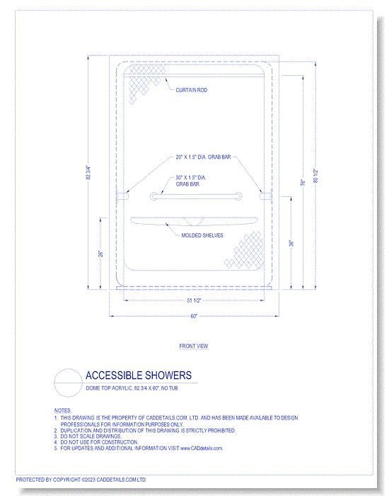 Accessible Showers: Dome Top Acrylic, 82 3/4" x 60", No Tub