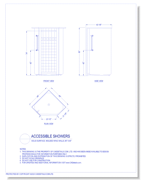 Accessible Showers: Solid Surface, Molded Wing Walls, 80" x 43"