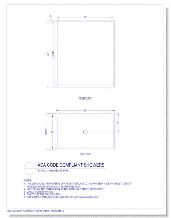 ADA Code Compliant Showers: 60" Roll in Showers, 72" High