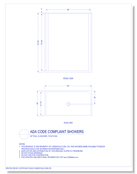 ADA Code Compliant Showers: 60" Roll in Showers, 79 3/4" High