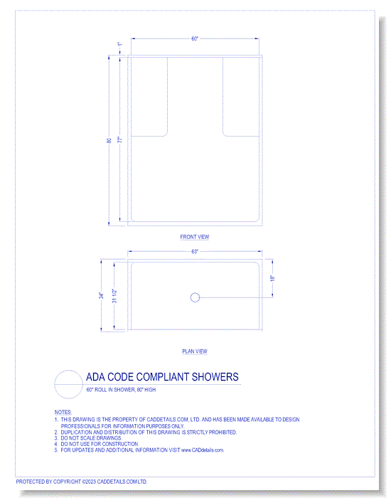 ADA Code Compliant Showers: 60" Roll in Showers, 80" High