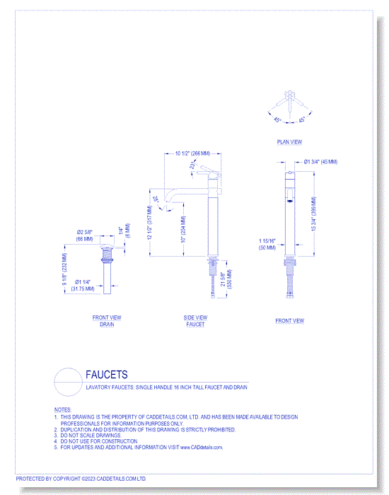 Lavatory Faucets: Single Handle 16 inch Tall Faucet and Drain