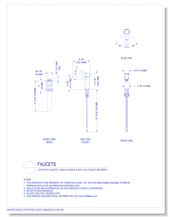 Lavatory Faucets: Single Handle 6 inch Tall Faucet and Drain