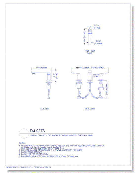 Lavatory Faucets: Two Handle Rectangular Design Faucet and Drain