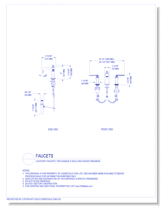 Lavatory Faucets: Two Handle 6 inch Long Faucet and Drain