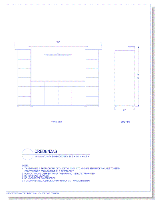 Credenzas: Media Unit, with End Bookcases, 24" D x 130" W x 85.5" H