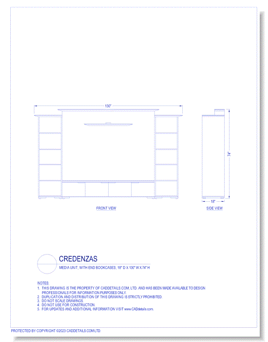 Credenzas: Media Unit, with End Bookcases, 18" D x 130" W x 74" H