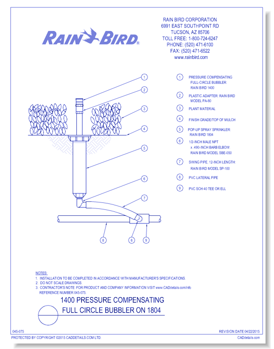 1400 Pressure Compensating Full Circle Bubbler On 1804 - CADdetails