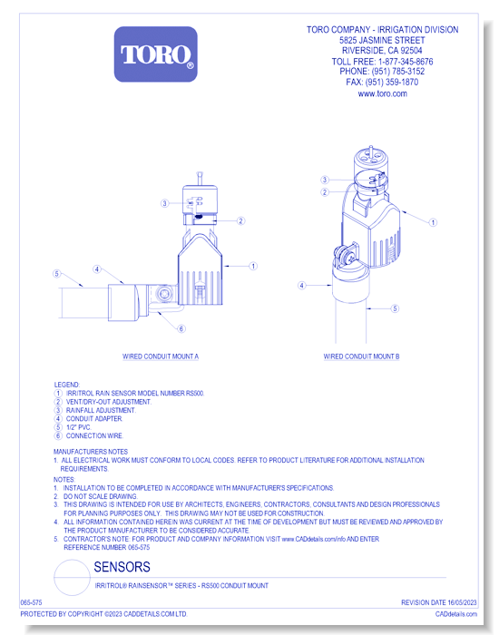 Irritrol® RainSensor™ Series - RS500 Conduit Mount - CADdetails