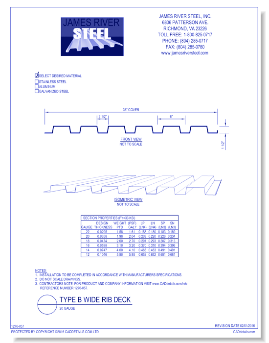 Type B Wide Rib Deck - 20 Gauge - James River Steel, Inc. - CADdetails