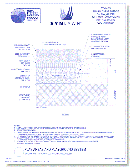 SYNLawn USDA CERTIFIED SYSTEM with 2 inch Fall Pad Nailed to Perimeter Board, USA