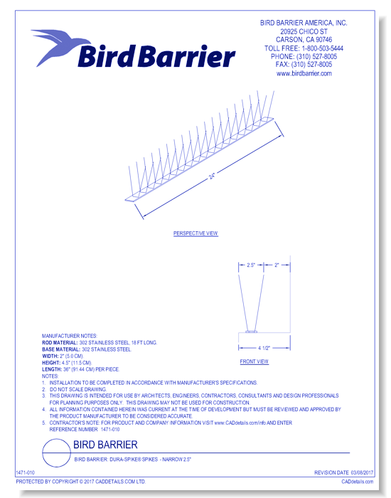 Bird Barrier: Dura-Spike® Spikes  - Narrow 2.5"