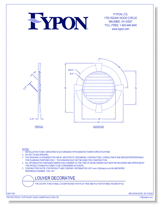 FRLV30-6TK: Functional Louver Round with Flat Trim and Flat Keystones, Round Style
