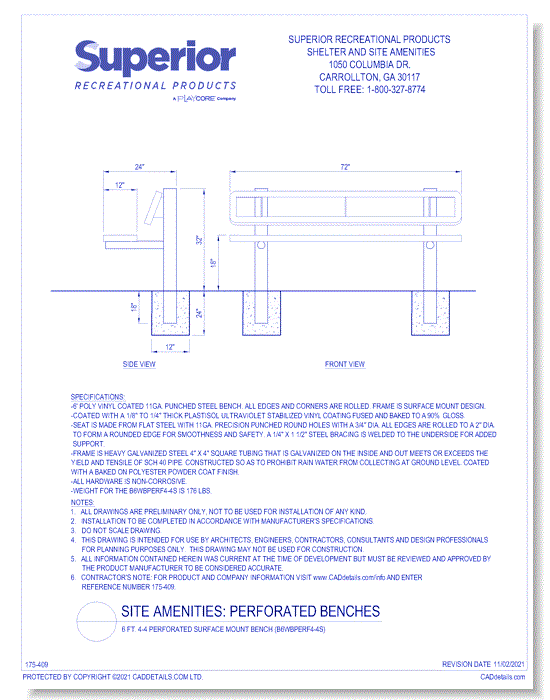 6 ft. 4-4 Perforated Surface Mount Bench (B6WBPERF4-4S)