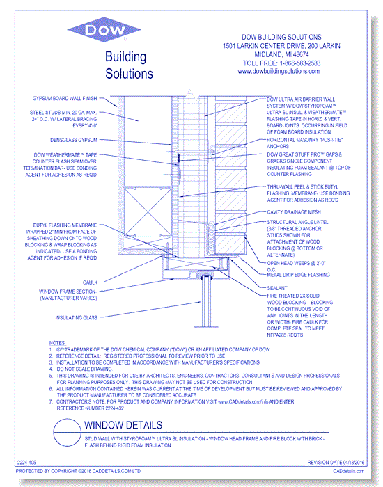 Stud Wall with STYROFOAM™ Ultra SL Insulation - Window Head Frame and Fire Block with Brick - Flash Behind Rigid Foam Insulation (C0120)