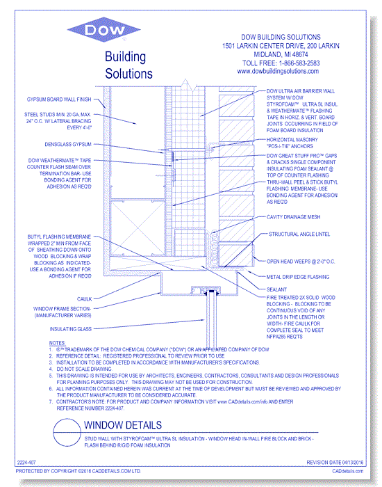 Stud Wall with STYROFOAM™ Ultra SL Insulation - Window Head In-Wall Fire Block and Brick - Flash Behind Rigid Foam Insulation (C0122)