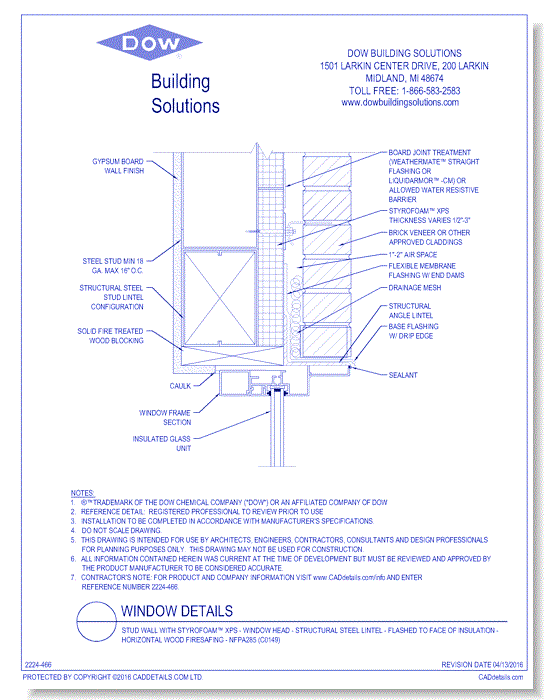 Stud Wall with STYROFOAM™ XPS - Window Head - Structural Steel Lintel - Flashed to Face of Insulation - Horizontal Wood Firesafing - NFPA285 (C0149)