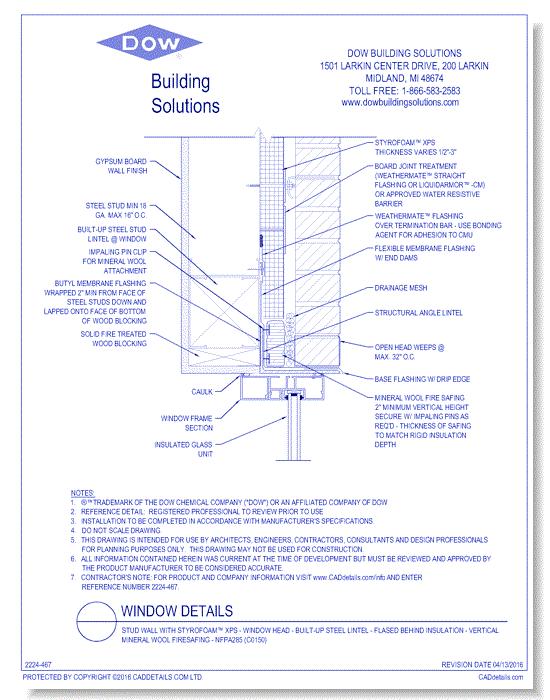 Stud Wall with STYROFOAM™ XPS - Window Head - Built-up Steel Lintel - Flased Behind Insulation - Vertical Mineral Wool Firesafing - NFPA285 (C0150)