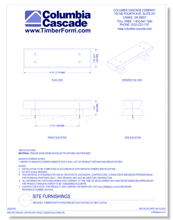 TimberCraft® Hand-Peeled Half-Round Log Seat (2215-6)