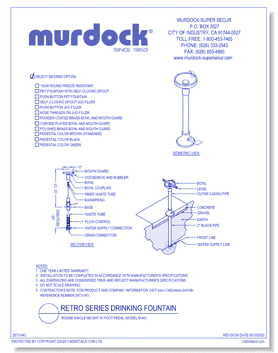 Retro Series Drinking Fountain: Round Single Height w/ Foot Pedal (Model M-40)