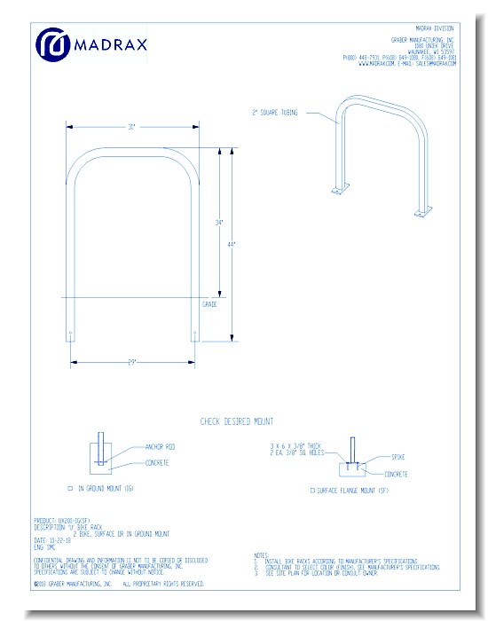 'U' Bike Rack: 30" Long, 2 Bike, Surface or In Ground Mount