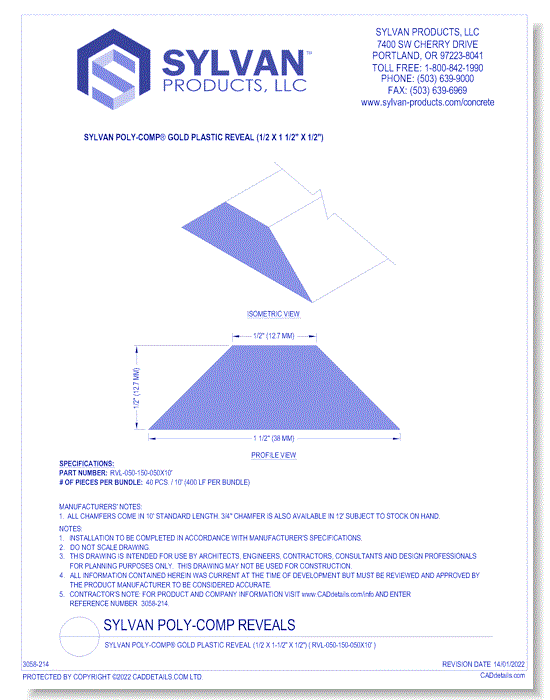 Sylvan Poly-Comp® Gold Plastic Reveal (1/2 x 1-1/2" x 1/2") ( RVL-050-150-050X10' )