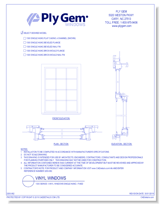 1500 Series Vinyl Windows Single Hung Fixed Ply Gem CADdetails   3283 062 