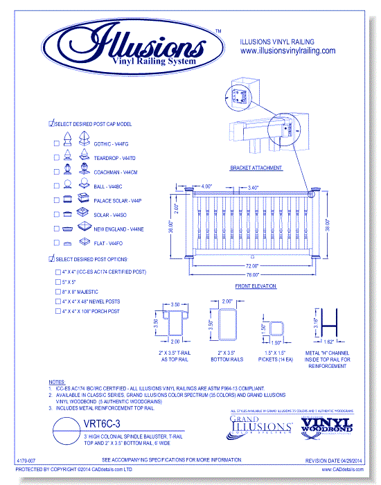 VRT6C-3: 3’ High Colonial Spindle Baluster, T-Rail Top And 2” X 3.5” Bottom Rail, 6’ Wide