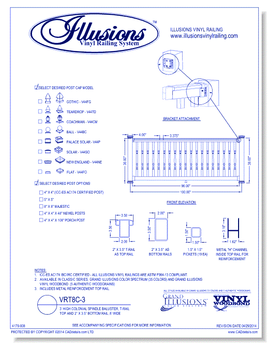 VRT8C-3: 3’ High Colonial Spindle Baluster, T-Rail Top And 2” X 3.5” Bottom Rail, 8’ Wide