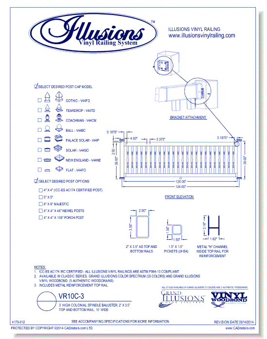 VR10C-3: 3’ High Colonial Spindle Baluster, 2” X 3.5” Top And Bottom Rail, 10’ Wide