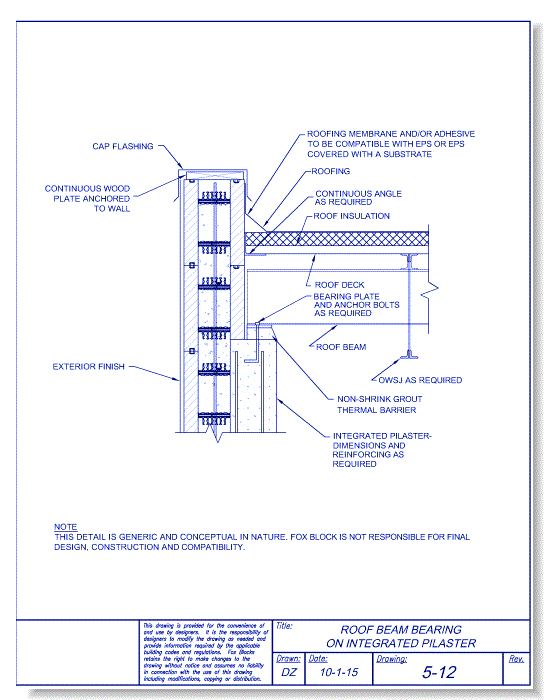 Roof Beam Bearing on Integrated Pilaster - Fox Blocks - CADdetails