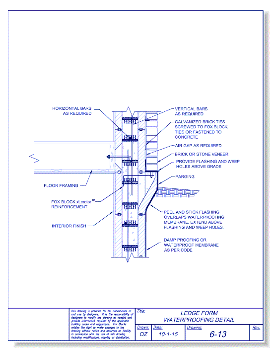 Corbel Form Waterproofing - Fox Blocks - CADdetails