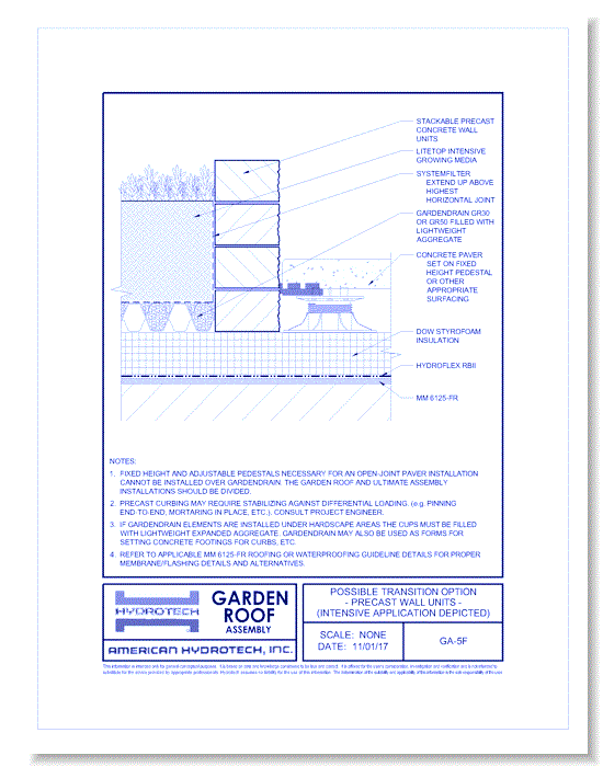 Garden Roof Assembly: Possible Transition Option – Precast Wall Units (int. Application Depicted) ( GA-5F )