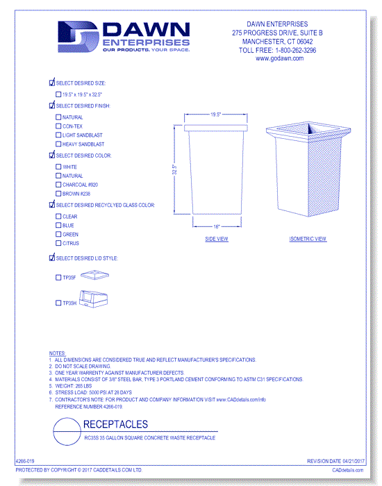 RC35S: 35 Gallon Square Concrete Waste Receptacle