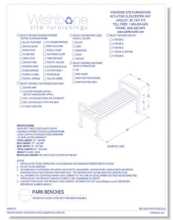 Mountain Classic Straight Park Bench ( MCSB-5 )