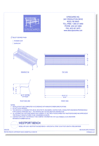 Model WP1-2000: WestPort Backed Bench - Horizontal Strap, Eight Foot Length, Steel Bar Ends