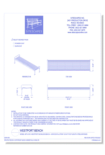 Model WP1-2100: WestPort Backless Bench - Horizontal Strap, Eight Foot Length, Steel Bar Ends