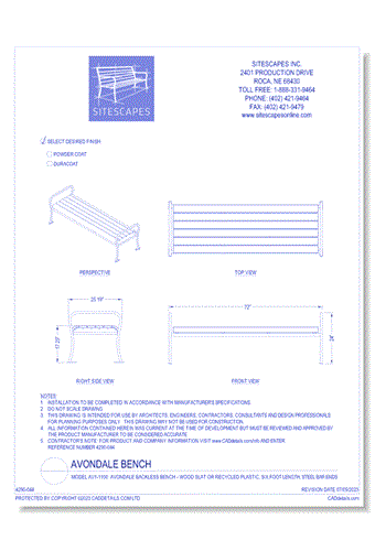Model AV1-1100: Avondale Backless Bench - Wood Slat or Recycled Plastic, Six Foot Length, Steel Bar Ends