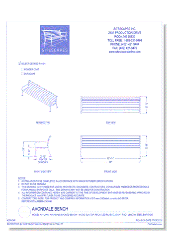 Model AV1-2000: Avondale Backed Bench - Wood Slat or Recycled Plastic, Eight Foot Length, Steel Bar Ends